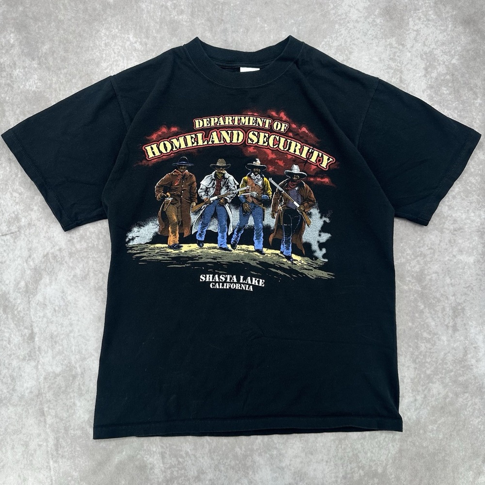 Vintage Anvil Homeland Security Shasta Lake CA Cowboy Graphic T-Shirt M Black